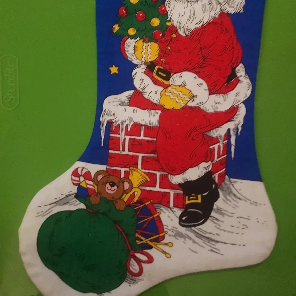 Vintage Cut and Sew Christmas Stocking Featuring Santa Holding Christmas Tree
